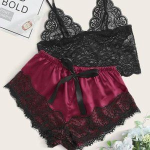 Floral Lace Bralette With Satin Shorts